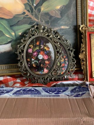 2 Vintage Ornate Metal Oval Picture Frames Bubble Dome Glass 13 X 10 Floral