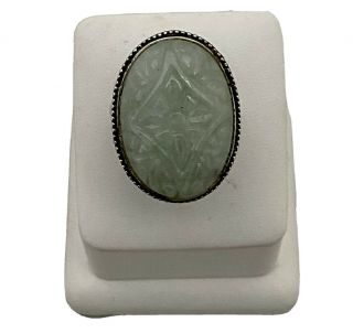 Vintage Sterling Silver Carved Green Jade Ring