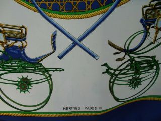 Hermes Paris Silk Scarf Les Voitures A Transformation Carriages 1965 Navy Color 3