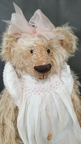 Boassy Olivia 14 " Jointed Mohair Teddy Bear With Smocked Dress,  Heart Necklace