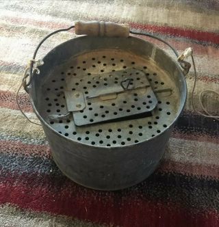 Vintage Old Antique Metal Minnow Bucket Fishing Bait Rustic Wood Handle
