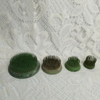 4 Metal Pin Type Flower Frogs Vintage Green Graduated Sizes 3 " 2 1/2 " 1 1/2 " 1 "