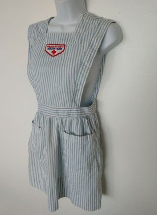Vintage Red Cross Pinafore Dress Candy Striper Uniform With Hat And Name Tag Vgc
