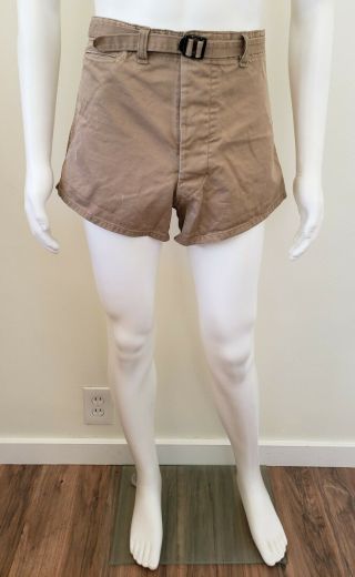 Vtg 50s 60s Army Military Cotton High Waist Belted Shorts Swim Button Fly S/m