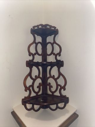 Vintage/antique Gothic Carved Scrolled Wooden Corner Tiered Shelf Mahogany Fin