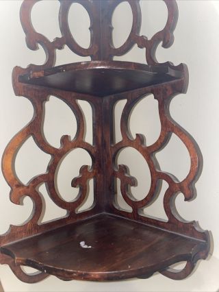 Vintage/Antique Gothic Carved Scrolled Wooden Corner Tiered Shelf Mahogany Fin 3