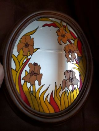 Vtg 70s Stained Glass Wood Frame Mirror Wall Decor Brown Yellow Butterfly 19x15