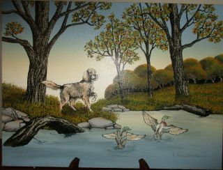 Vintage H Hargrove Hunting Dog And Ducks Un - Framed Serigraph Or Oil On Canvas