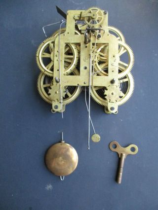Antique Vintage Seth Thomas Clock Movement 6 3/4 With Pendulum & Key