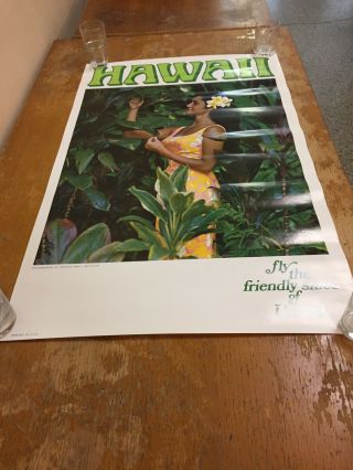 Vintage Poster Hawaii Girl & Flowers Ual C.  1970