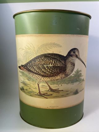 Vintage Green Pixie Products Trash Can Wastebasket Woodcock Bird Audubon Style