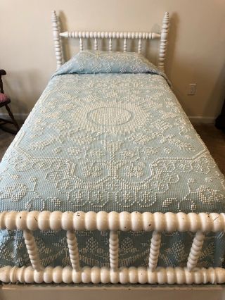 Vintage Blue & White Hobnail Chenille Twin Bedspread Pompom Fringe.