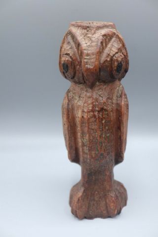 Antique Hand Wood Carved Folk Art 3 Headed Owl Primitive Candlestick Holder