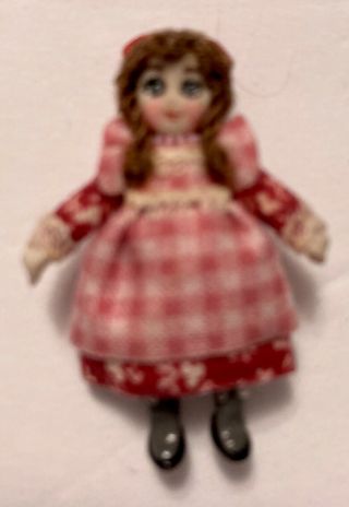 Vintage Dollhouse Miniature Bisque Girl Doll,  Pink Pinafore/purple Dress,  1.  5”