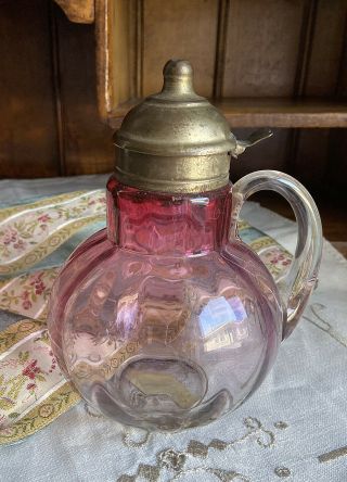 Antique Hobbs Brockunier 1888 Cranberry Optic Glass Syrup Pitcher