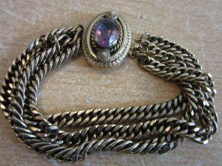 Antique Victorian Gold Tone Multi Chain Bracelet With Large Amythest Mounting
