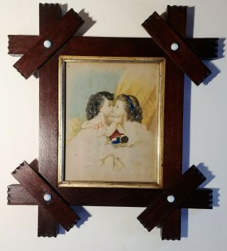 Pair 1800s Porcelain Dot Walnut Matching Picture Frames W/ Currier & Ives Prints