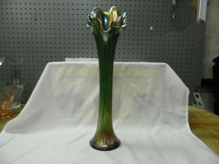 Antique Fenton Carnival Glass Vase / Dark Green / Fine Rib Pattern