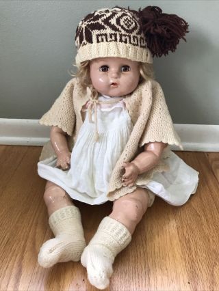 Vintage Large Signed Ideal Baby Doll 25”tall Rare Large Clothes Antique