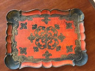 Vintage Antique Italian Florentine Wooden Tole Tray Wood Orange Gilded 12 " X16 "