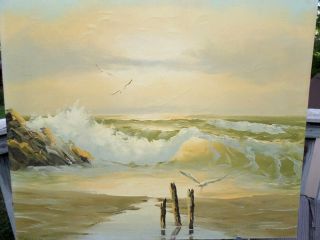 Vintage Oil Painting - Ocean Seascape - Seagulls Over The Waves 24x20