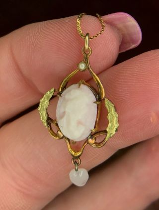 Vintage Antique Old Yellow & Green Gold Cameo Lavaliere 10k 1 - 1/4 " Long
