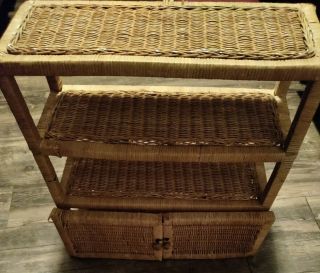Vintage Wicker Rattan Woven 3 Shelf Wall / Stand/ Cabinet With Doors