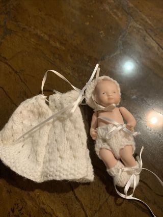 Cute Bisque Jointed Small Baby Boy Doll White Handmade Gown 5’ (c) 1982 Reproduct