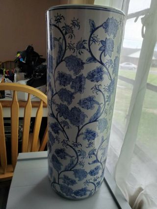 24 1/2 " Blue & White Porcelain Floral Umbrella Stand Home Decor