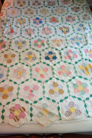 Vintage Grandmothers Flower Garden Patchwork Quilt Top Topper Feedsack C