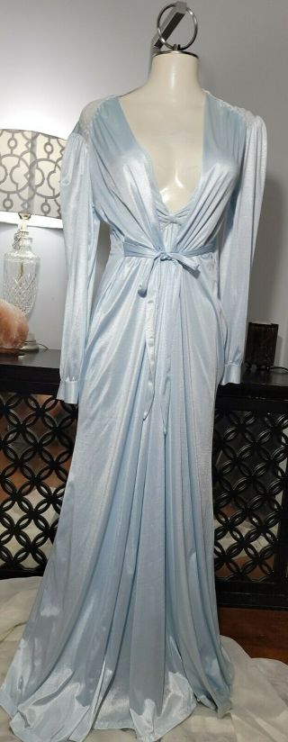 Vtg 70s Nylon Peignoir Set Olga Like Fantacy Nightwear By Janice Lee S - M Blue