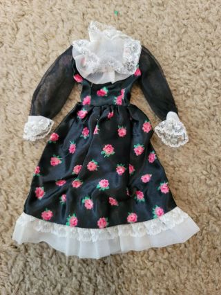 Vintage Barbie 1972 Black Floral Dress With Lace 3490 " Party Lines " Tagged