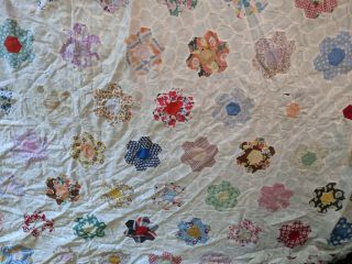 Very Vintage Feed Sack Hand Seen Quilt Top Hexagons Large 81 " By 71 "