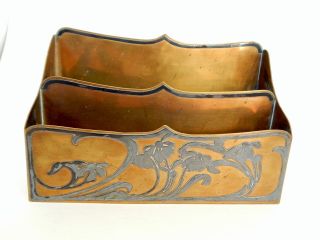 Antique Art Nouveau Art Deco Brass With Silver Inlay Letter Holder Desk