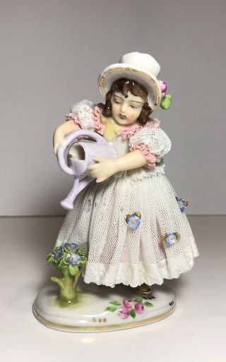 Atq Volkstedt Ackermann Fritze German Dresden Lace Figurine Girl Watering Flower 2