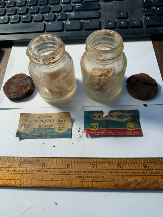 2 Vintage Scarce Al Foss Pork Rind Bait Jars Antique Fishing 016 - 21