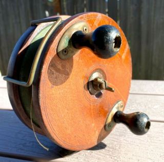 Antique Large Wooden & Brass Fishing Reel