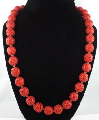 China - Long Antique Chinese Carved Cinnabar Beads Necklace W/ Silver Clasp