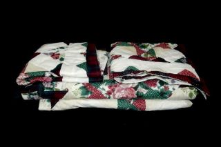 Vintage American Pacific Quilt Bedspread With 2 Shams Green Red Floral