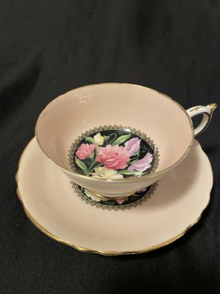 Paragon Tea Cup & Saucer.  Floral On Black.  England Fine Bone China