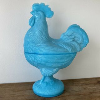 Old Antique Blue Milk Glass Portieux Vallerysthal Standing Rooster Large Covered