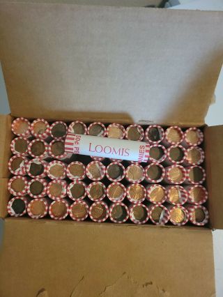 1 Box 50 Rolls Of Circulated Lincoln Pennies In Tight Loomis Rolls.