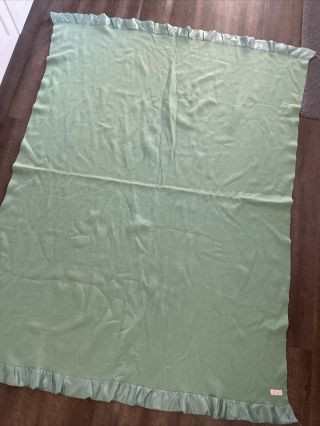 Vintage Pendleton Green Wool Blanket With Satin Trim 80” X 57”