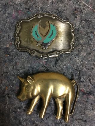1978 Solid Brass Pig Belt Buckle By Baron Brass - Plus Second Buckle