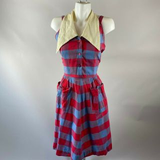 Vtg 50s Red Blue Checker Sleeveless Halter Fit Flare Dress w/ Collar W/Pockets 2