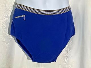 Vintage Swim Briefs Bathing Suit S Cotton 60s Blue Trunks European Zip Pocket 5