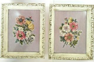 Pair Vintage Antique Floral Finished Needlepoints Ornate Frames French Country