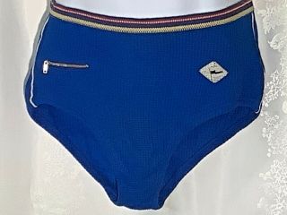 Vintage Swim Briefs Bathing Suit M Thermal Knit Elastic 60s Pocket Blue Trunks