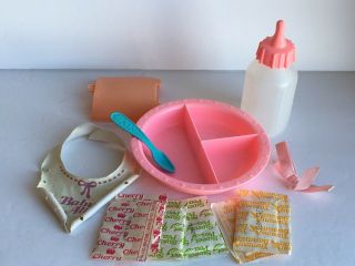 Vintage 1990 Kenner Baby Alive Doll Accessories Bowl Food Hair Bow Bib Bottle