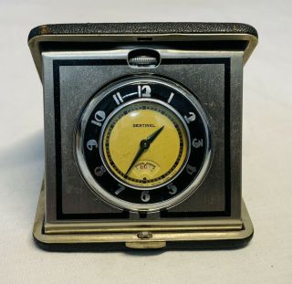 Antique Vintage Sentinel Travel Alarm Clock In Folding Leather Box